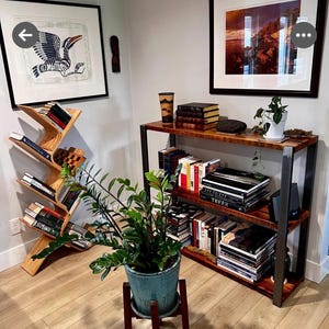 May include: A home interior featuring a wooden bookshelf with metal supports, filled with books. A wooden, angled bookshelf is on the left. A potted plant sits on a wooden stand in the foreground. Artwork hangs on the walls.
