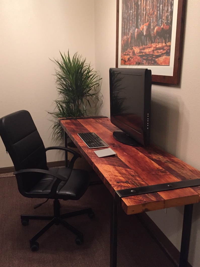 Free Industrial Desk Reclaimed Wood Rugged And Steel Iron Banded Office Work Old Wooden