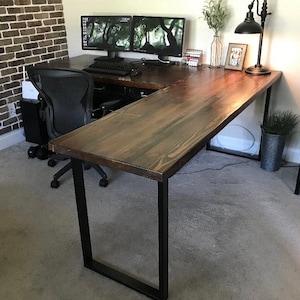 Two Piece L-shaped Desk. Reclaimed wood desk. Wood and steel desk. Industrial desk. Corner desk. Old desk. Rustic Desk. Executive desk. image 3