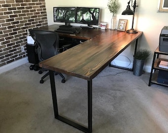 Two Piece L-shaped Desk. Reclaimed wood desk. Wood and steel desk. Industrial desk. Corner desk. Old desk. Rustic Desk. Executive desk.