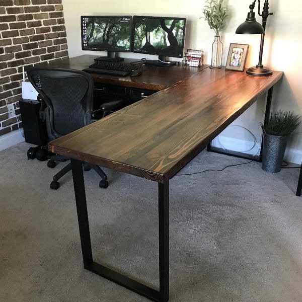Two Piece L-shaped Desk. Reclaimed wood desk. Wood and steel desk. Industrial desk. Corner desk. Old desk. Rustic Desk. Executive desk.