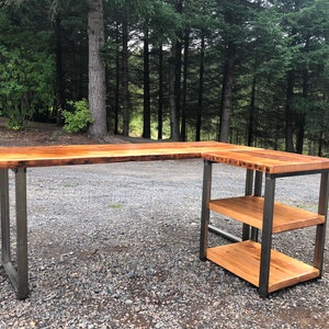 L shaped desk with shelves. Industrial desk. Reclaimed wood desk. Corner desk. Modern desk. Salvaged wood desk. Office desk. Executive desk.