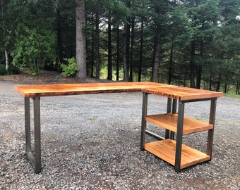 L shaped desk with shelves. Industrial desk. Reclaimed wood desk. Corner desk. Modern desk. Salvaged wood desk. Office desk. Executive desk.