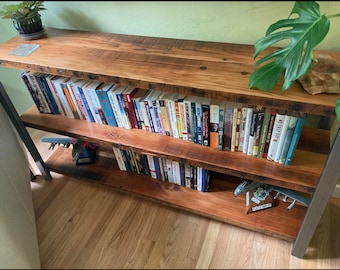 Reclaimed wood book shelf. Industrial shelves. Industrial entry table. Industrial book shelf. Industrial console table