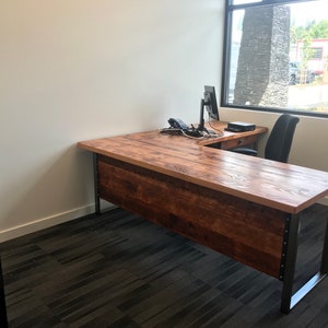 Two piece L Shaped Desk With Modesty Panel side 1. Desk With Privacy Wall. Industrial Reclaimed Wood Desk. Office Desk. Corner Desk. image 7