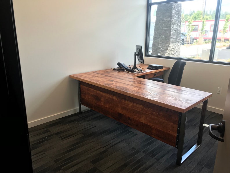 Two piece L Shaped Desk With Modesty Panel side 1. Desk With Privacy Wall. Industrial Reclaimed Wood Desk. Office Desk. Corner Desk. image 7