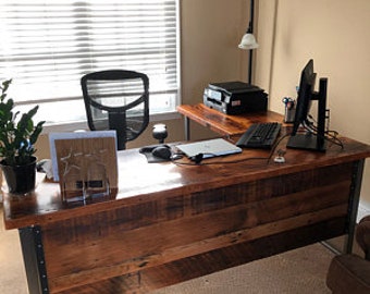 Two piece L Shaped Desk With Modesty Panel (side 1). Desk With Privacy Wall. Industrial Reclaimed Wood Desk. Office Desk. Corner Desk.