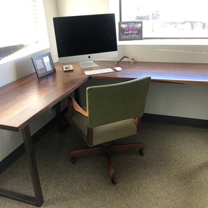 Walnut L shaped desk. Modern office desk. Solid wood desk. Executive desk. Dark wood desk. Hardwood desk. Walnut Table. Industrial desk. image 2