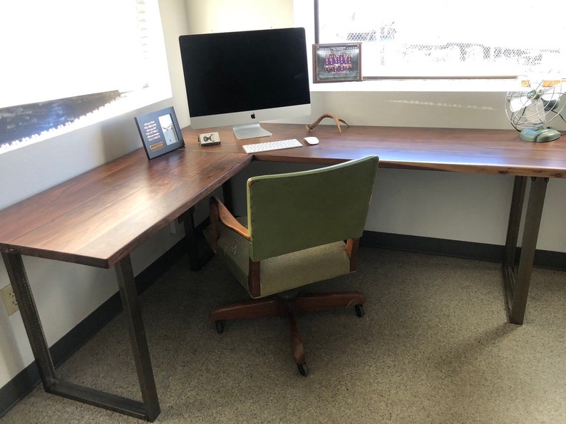 Walnut L shaped desk. Modern office desk. Solid wood desk. Executive desk. Dark wood desk. Hardwood desk. Walnut Table. Industrial desk. image 2