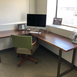 Walnut L shaped desk. Modern office desk. Solid wood desk. Executive desk. Dark wood desk. Hardwood desk. Walnut Table. Industrial desk. image 6