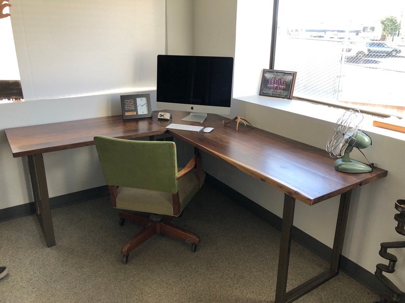 Walnut L shaped desk. Modern office desk. Solid wood desk. Executive desk. Dark wood desk. Hardwood desk. Walnut Table. Industrial desk. image 6