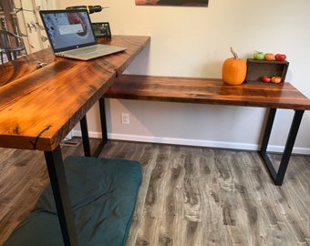 Sit and stand L shaped desk.Industrial desk. Reclaimed wood desk. Office desk. 2 tier desk. Corner desk. Standing desk.