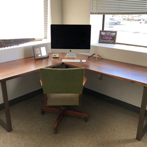 Walnut L shaped desk. Modern office desk. Solid wood desk. Executive desk. Dark wood desk. Hardwood desk. Walnut Table. Industrial desk. image 3