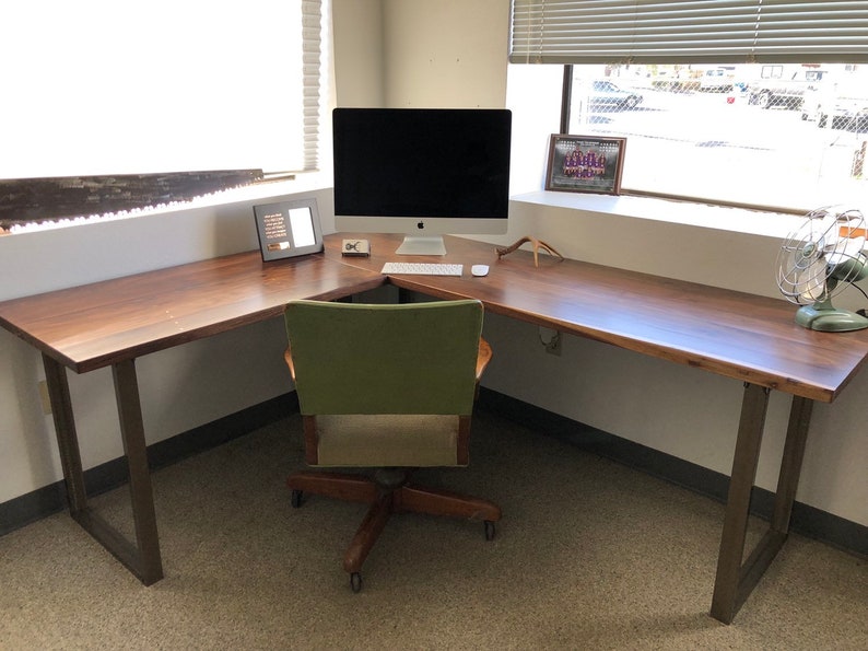 Walnut L shaped desk. Modern office desk. Solid wood desk. Executive desk. Dark wood desk. Hardwood desk. Walnut Table. Industrial desk. image 3