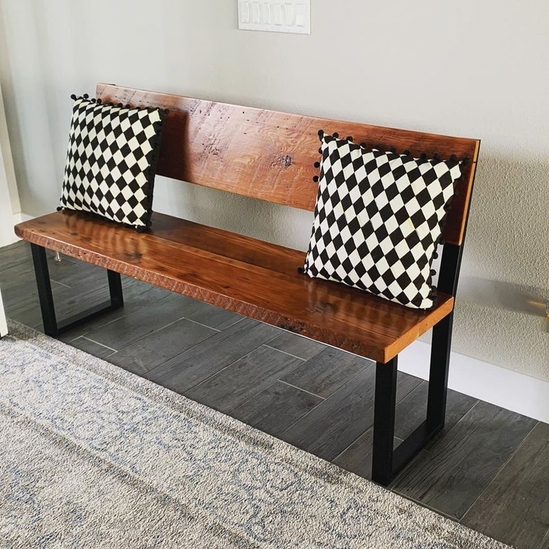 Bench with back. Accent bench. Entry bench. Industrial bench. Reclaimed wood bench. Entryway bench. Dining bench. Bedroom bench. image 1