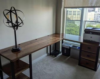 Solid Walnut L-Shaped Desk with Shelves, Handcrafted Hardwood Office Furniture