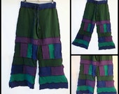 Patchwork Peacock. Upcycled T-shirt Pants, Size: Medium, Blue, Teal, Purple, Green