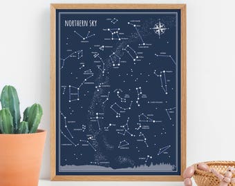 Northern Sky - print, Little Astronomer Set, travel gift, back to school, map of the  sky, constellation print