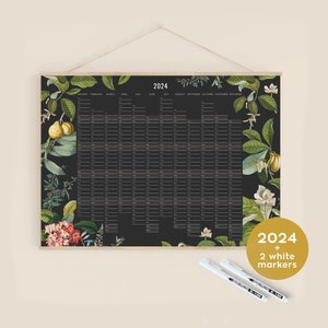 Agenda mural 2024 avec marqueurs blancs Jungle botanique noire dans votre langue, personnalisé HORIZONTAL image 1