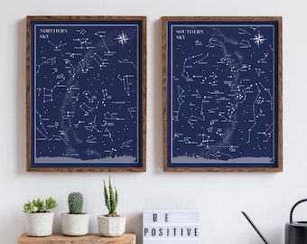 Little & Big Astronomer Prints Set - southern and northern sky poster, constellations print, back to school