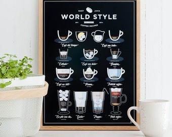 World Style Coffee Print 11x14 12x16 16x20 A3 A4- Kaffee Geschenk, Küchen Poster, Kaffee Druck, Kaffeeliebhaber