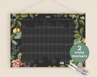 2026 Wandkalender Schwarz + weiße Marker – Personalisierter botanischer Jahresplaner, Geschenk fur sie, Einweihungsgeschenk