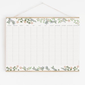 Perpetual Birthday Calendar, wall planner botanical - leaves green calendar 18x24 24x36 A2 50x70 70x100