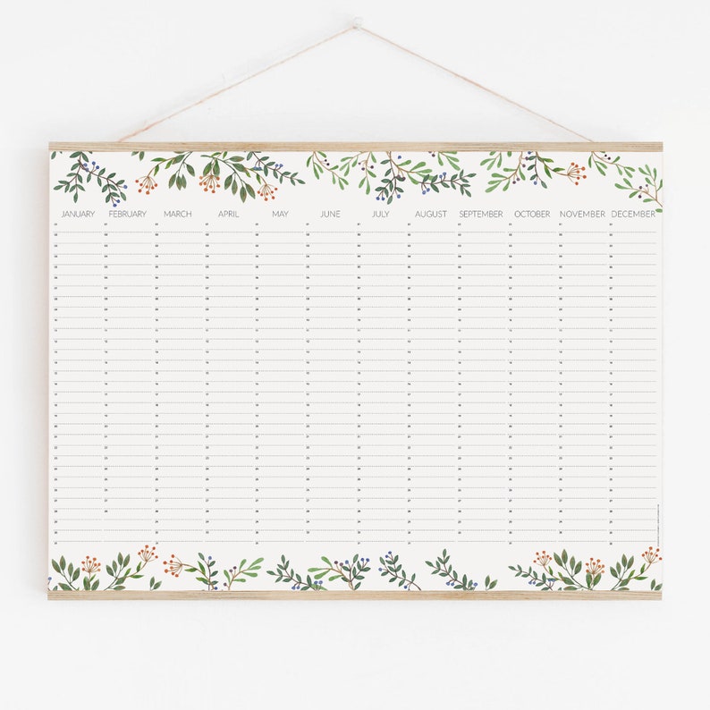 Perpetual Birthday Calendar, wall planner botanical leaves green calendar 18x24 24x36 A2 50x70 70x100 image 1