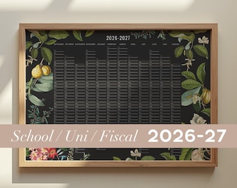 2026-2027 Academic Wall Calendar with white markers - Black Botanical Student planner, Personalized gift for teacher A2 50x70 70x100