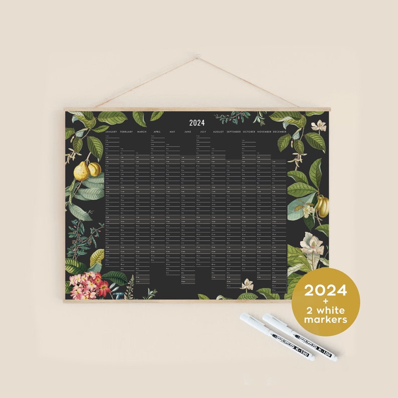 Agenda mural 2024 avec marqueurs blancs Jungle botanique noire dans votre langue, personnalisé HORIZONTAL image 1