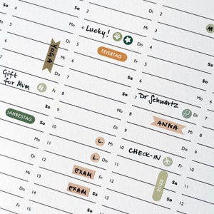 May include: A close-up of a white planner page with handwritten notes and decorative stickers. The planner includes entries like "Lucky!", "Yoga", "Gift for Mum", "Exam", and "Check-in". Stickers include paw prints, stars, and medical symbols.