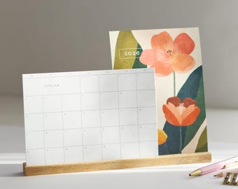 Schreibtischkalender 2026 A5 | Minimalistischer Monatsplaner | Englisch Deutsch | Eichenholzständer | Wandkalender & Tischkalender 2 in 1