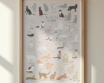 Katzenliebhaber Poster - Die Welt der Katzen - Katzenrassen, Wandkunst, Haustier-Dekor, Katzenillustration