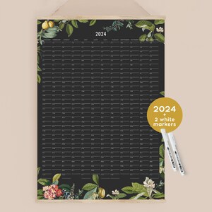 2024 Wall Planner Black white markers botanical Personalized, Wall Calendar in your language image 2