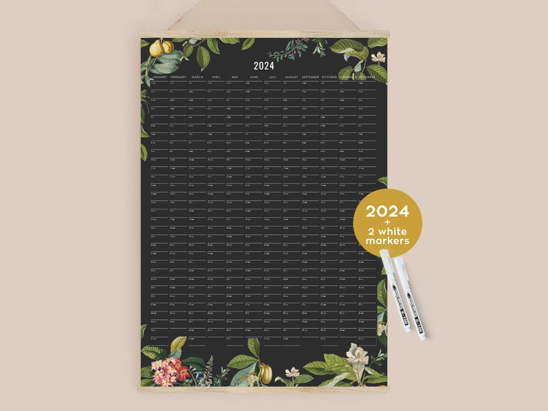 2024 Wall Planner Black white markers botanical Personalized, Wall Calendar in your language image 2