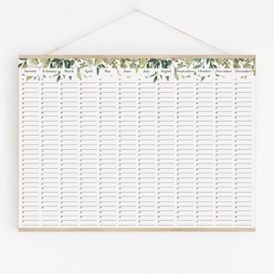 Perpetual Birthday Calendar, wall planner botanical leaves green calendar 18x24 24x36 A2 50x70 70x100 zdjęcie 1