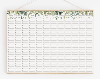 Perpetual Birthday Calendar, wall planner botanical - leaves green calendar 18x24 24x36 A2 50x70 70x100