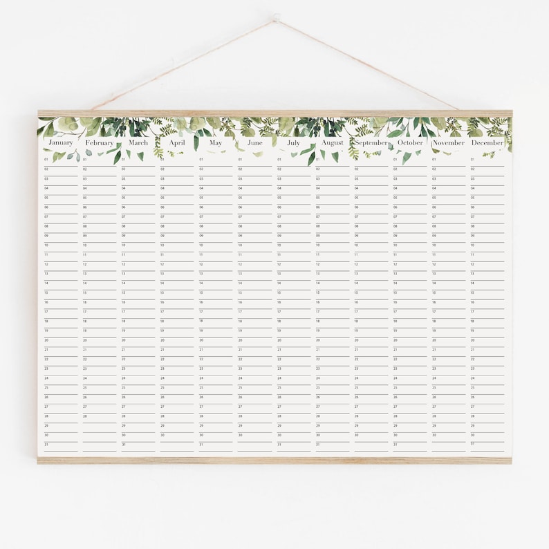 Perpetual Birthday Calendar, wall planner botanical leaves green calendar 18x24 24x36 A2 50x70 70x100 zdjęcie 1