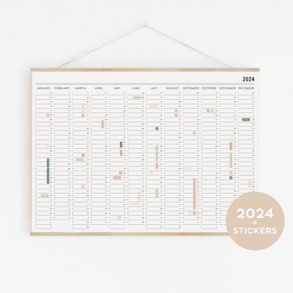 2024 Jahresplaner mit Aufklebern - Wandkalender, Familienplaner