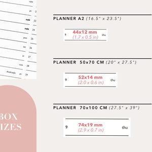 May include: A product image with text showing planner sizes. The image displays three planner sizes: A2 (16.5" x 23.5"), 50x70 cm (20" x 27.5"), and 70x100 cm (27.5" x 39"). Each size includes dimensions in inches and millimeters.