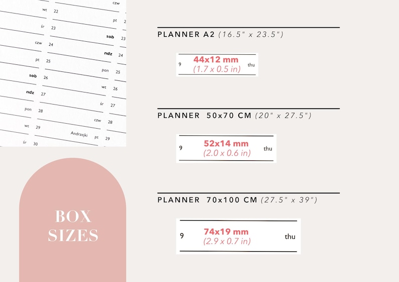 May include: A product image with text showing planner sizes. The image displays three planner sizes: A2 (16.5" x 23.5"), 50x70 cm (20" x 27.5"), and 70x100 cm (27.5" x 39"). Each size includes dimensions in inches and millimeters.