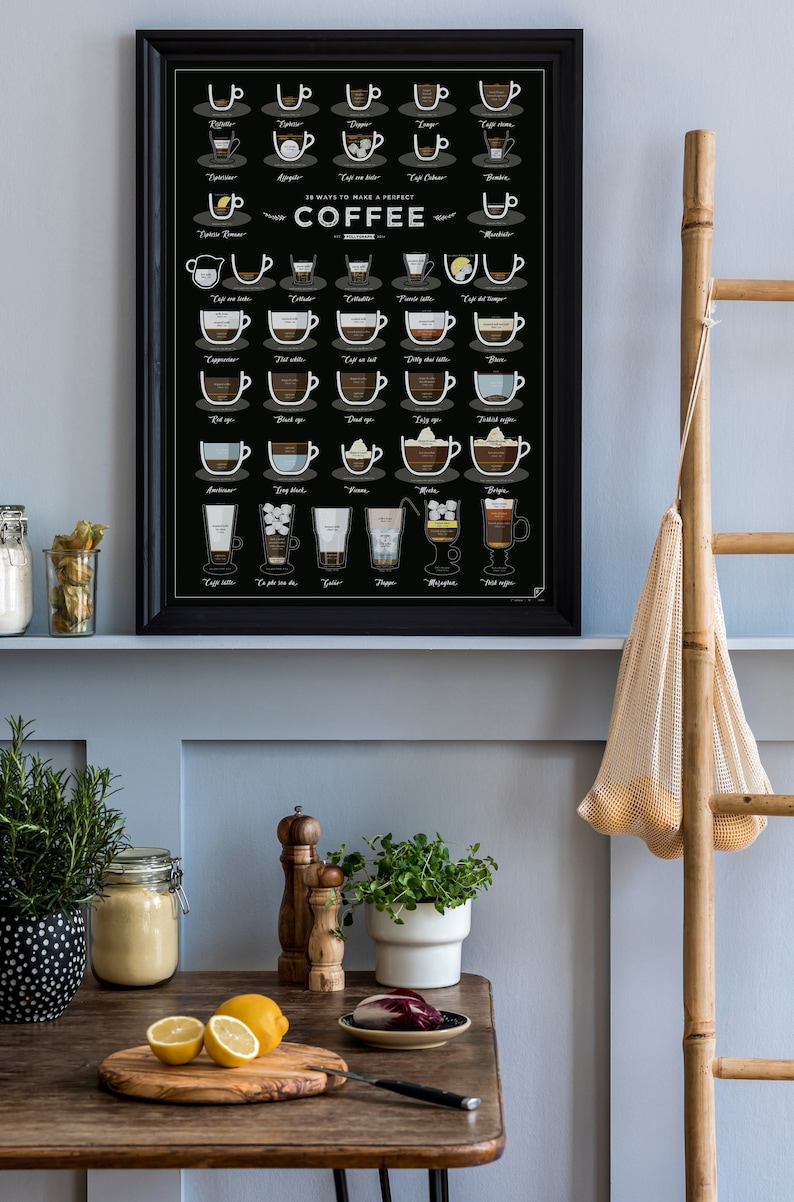 May include: A black and white poster with illustrations of 18 different ways to make coffee. The poster is framed in black and hanging on a light blue wall.