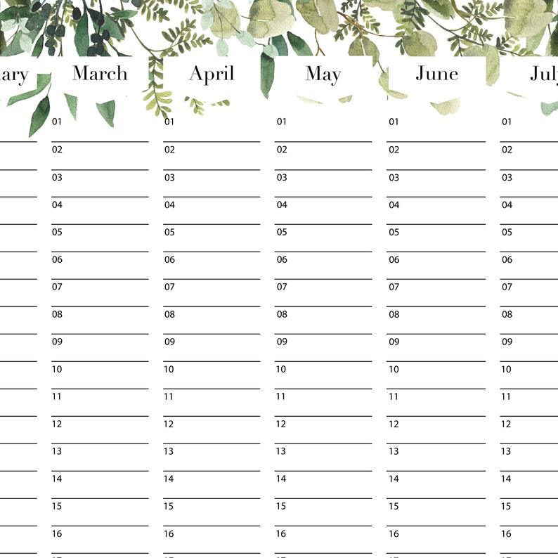 Perpetual Birthday Calendar, wall planner botanical leaves green calendar 18x24 24x36 A2 50x70 70x100 zdjęcie 2