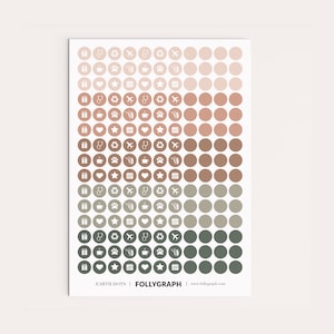 Puede incluir: Una hoja de 100 pegatinas de puntos de color tierra con varios iconos, incluyendo un corazón, una estrella, un calendario, un estetoscopio, una taza de café, una huella de pata, una caja de regalo, un símbolo de reciclaje, un avión y una espiga de trigo. El texto "EARTH DOTS | FOLLYGRAPH | www.follygraph.com" está impreso en la parte inferior de la hoja.