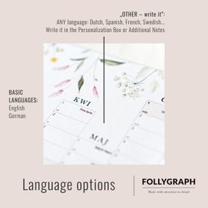 May include: A close-up of a calendar page with floral watercolor illustrations. The calendar includes the month of May and the word "KWI". Text on the page includes "Prima Aprilis" and "Language options". The brand name "FOLLYGRAPH" is also visible.