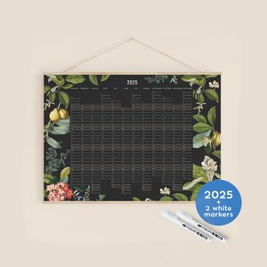 Muurplanner 2025 met witte stiften - Black Botanical Jungle - gepersonaliseerd in jouw taal, HORIZONTAAL