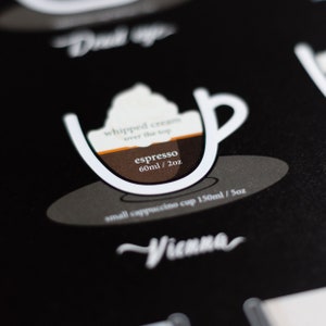 May include: A black and white illustration of a small cappuccino cup with whipped cream on top. The text reads "whipped cream over the top", "espresso 60ml / 2oz", and "small cappuccino cup 150ml / 5oz". The word "Vienna" is written in cursive at the bottom.