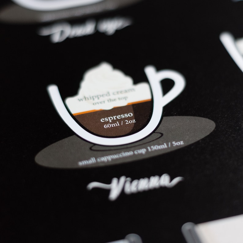 May include: A black and white illustration of a small cappuccino cup with whipped cream on top. The text reads "whipped cream over the top", "espresso 60ml / 2oz", and "small cappuccino cup 150ml / 5oz". The word "Vienna" is written in cursive at the bottom.
