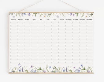 Perpetual Birthday Calendar, WILDFLOWERS wall planner - meadow calendar 18x24 24x36 A2 50x70 70x100
