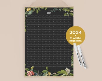 Agenda mural 2024 noir + marqueurs botaniques blancs - Calendrier mural personnalisé dans votre langue